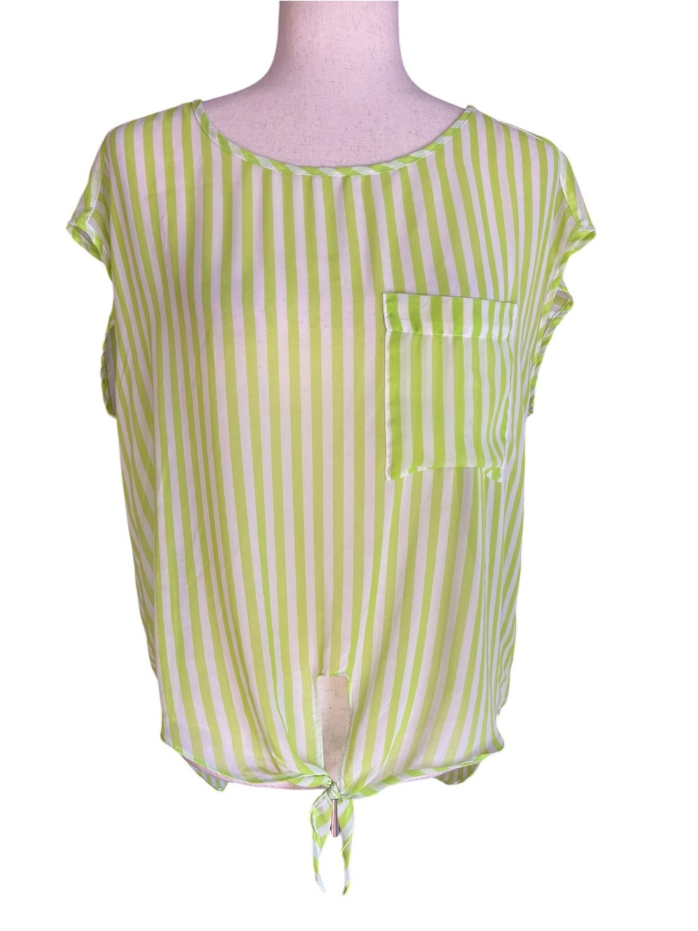 Forever 21 Lime Green and White Striped Tie-Hem Blouse